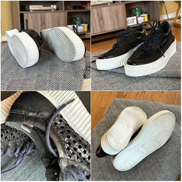 MUSSE & CLOUD Black Cacey Woven Perforated Leather Flatform Creeper Sneakers 9 - Picture 16 of 16